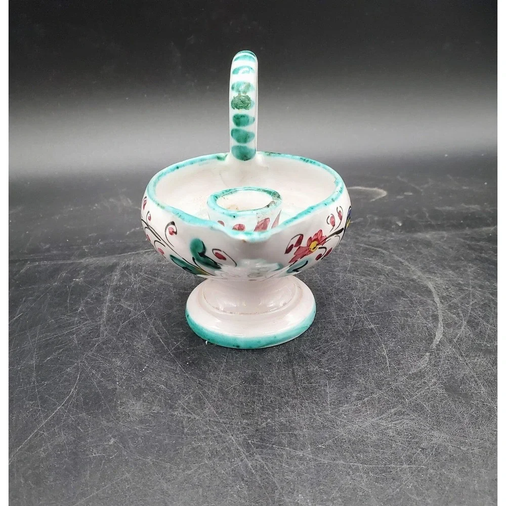 Vintage PV (Peasant Village) Italy Deruta Blue/Green Candlestick Handle 5